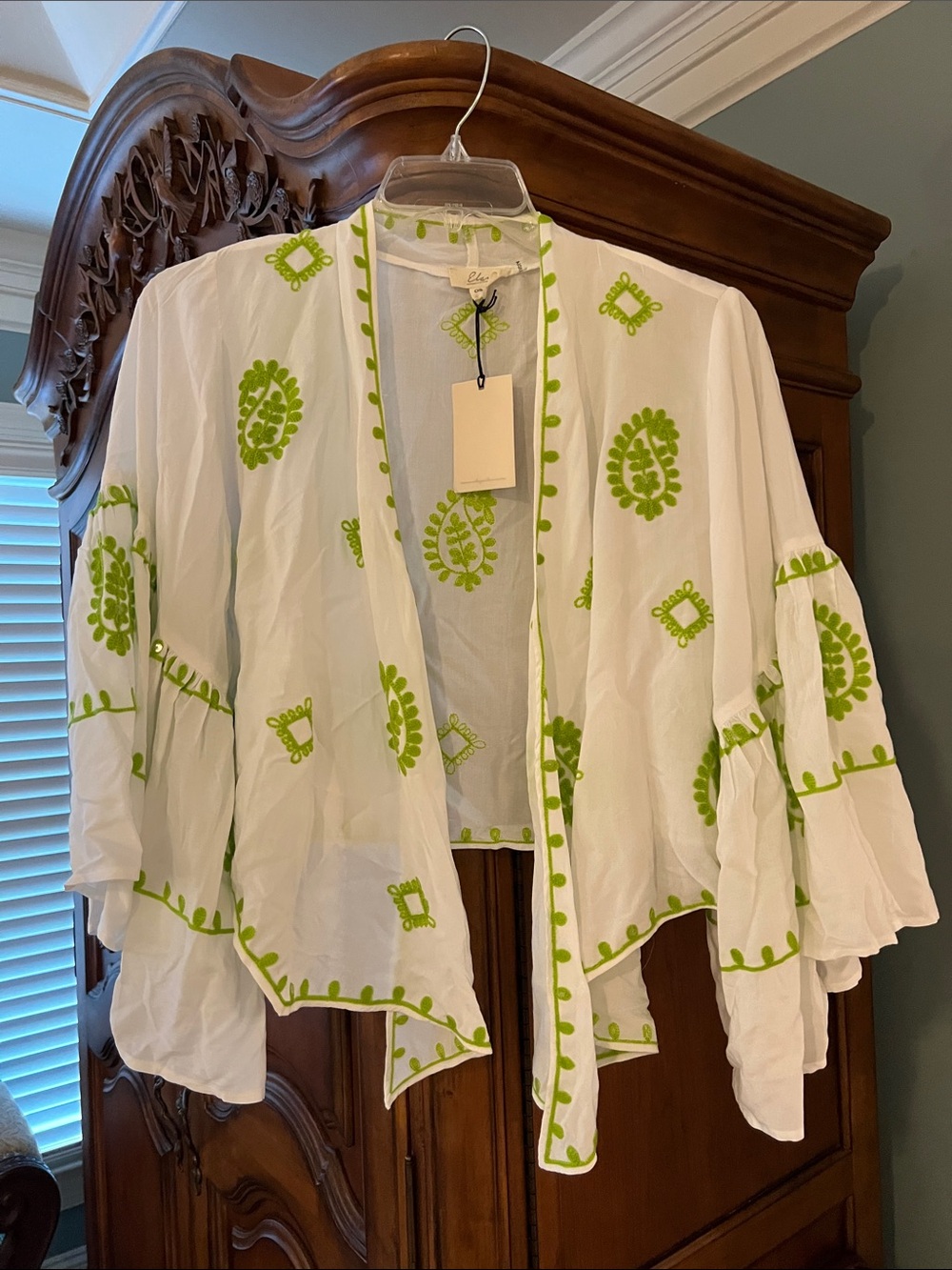 White & Lime Embroidered Open-Front Crop Kimono